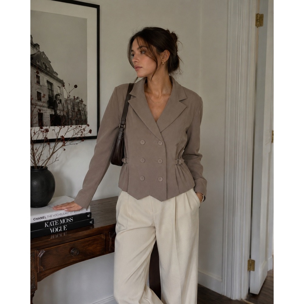 Vintage 90s Taupe Double-Breasted Cropped Blazer Jacket Belted‎ Y2K Size M NWT